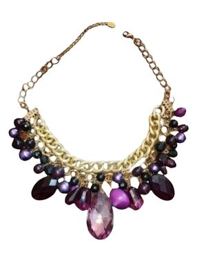 YOU & I Vintage Chunky Statement Bib Necklace Purple Gold Tone